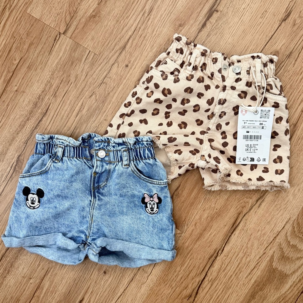 ZARA Baby Disney Mickey & Minnie Denim and Leopard Print Shorts